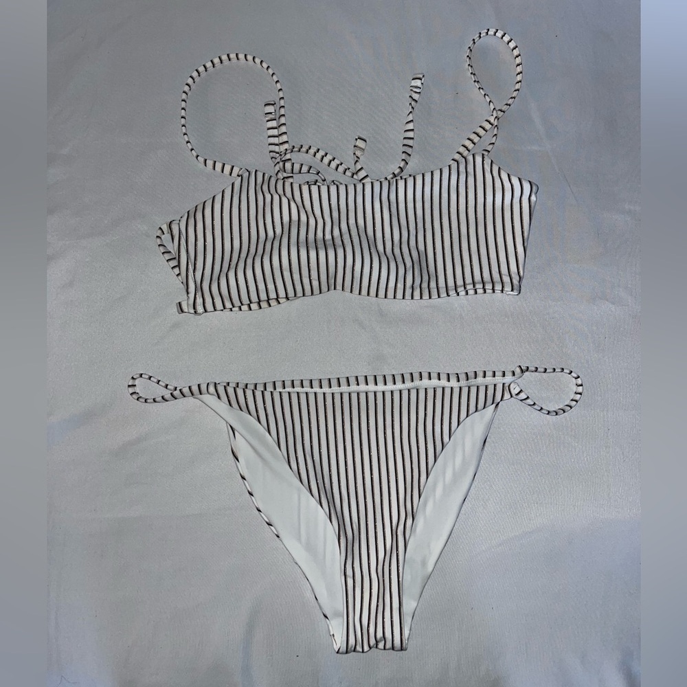 Kendall and Kylie White, Black and Gold Striped High Cut Bikini